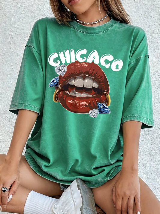 Chicago Creative Diamond Red Lips Cotton Washed T-Shirt Women