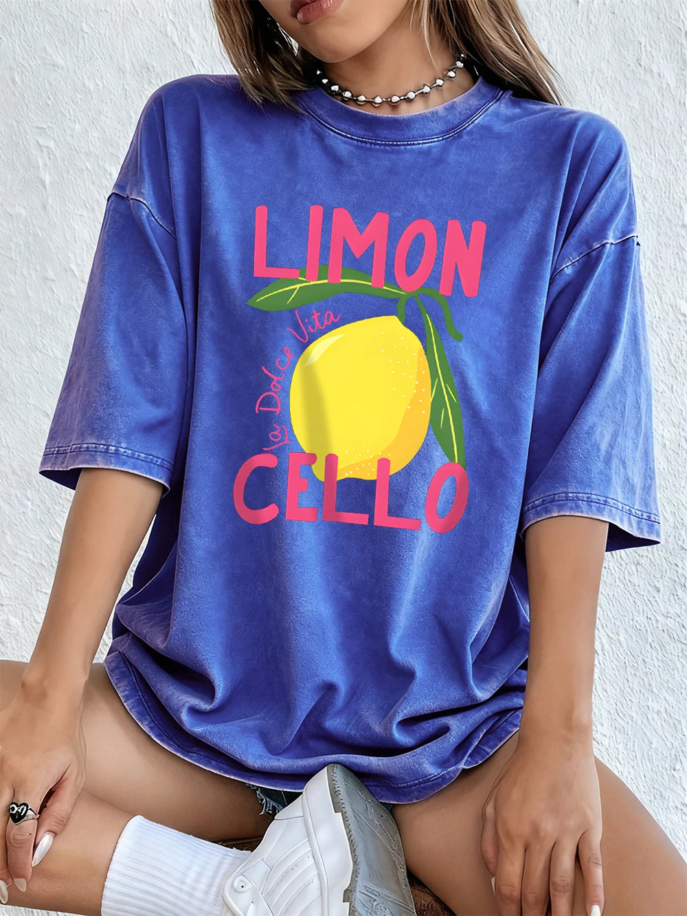 Limon Cello La Dolce Vita Prints Washed T-Shirt Women Cotton Oversize