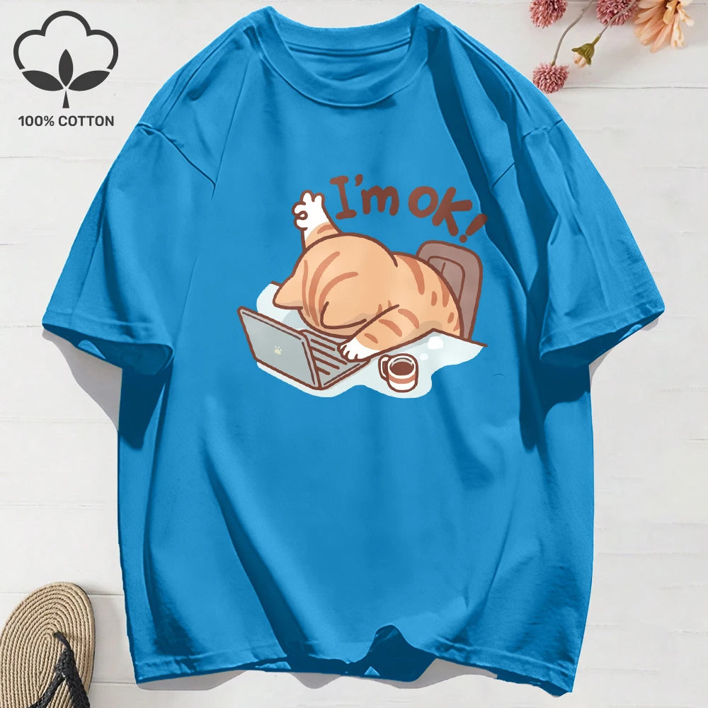 100% Cotton Womens T-Shirts Summer Fun Cat I'M Ok Printing T Shirt Comfortable Soft O-Neck Tops Holiday Casual Womans Clothes
