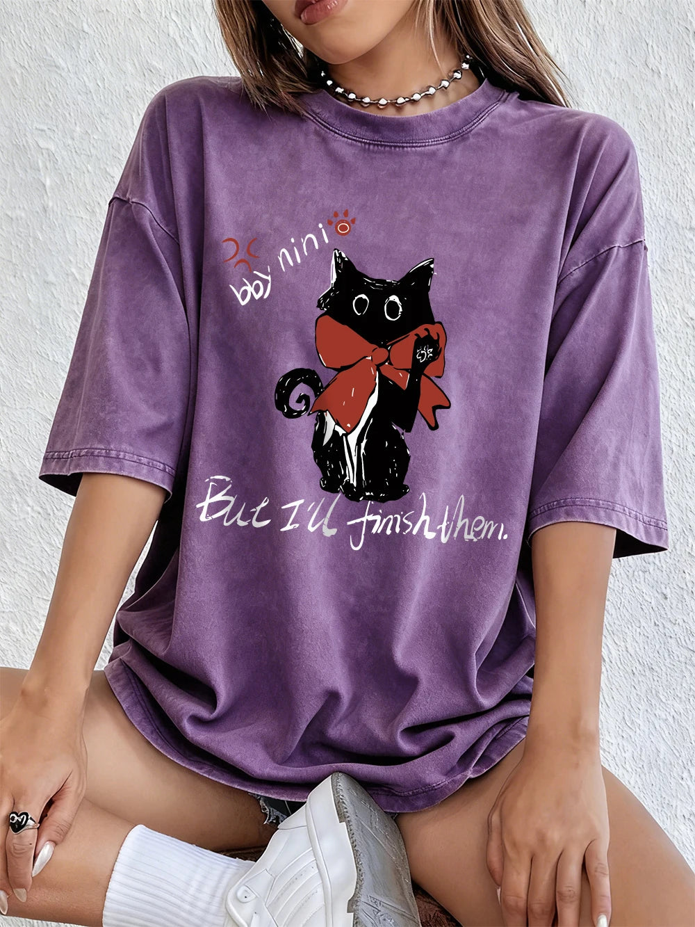 I'll Finish Them Black Cat Women's Cotton Washed T-Shirt Oversized