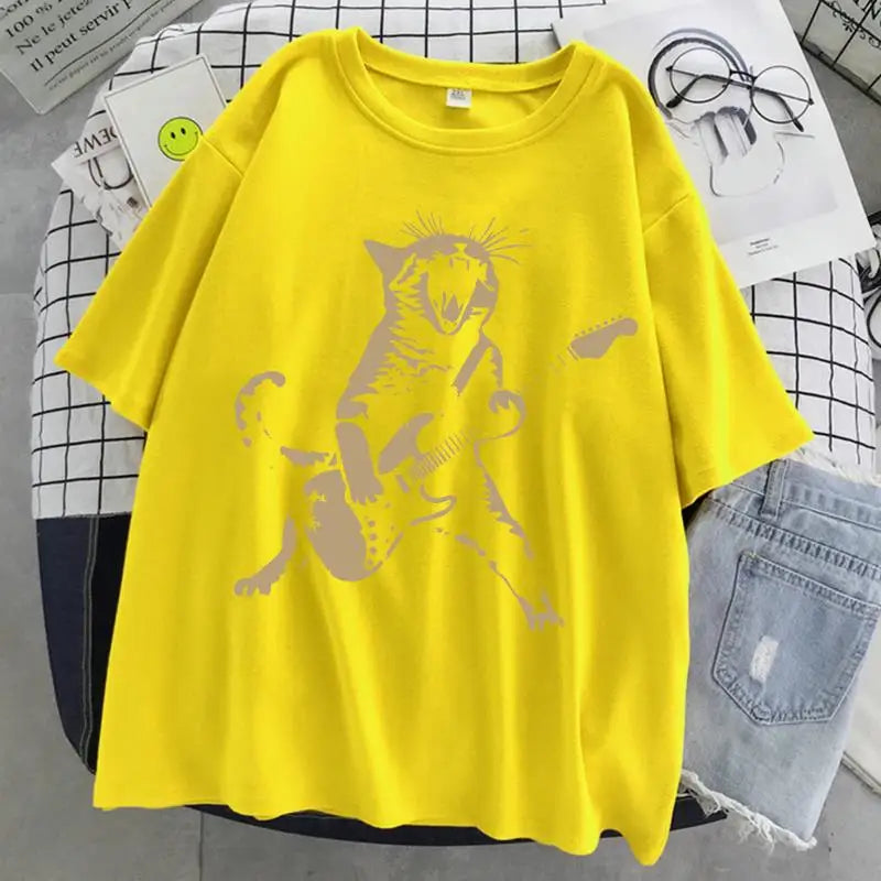 A Cat Playing Guitar Printing T-Shirt Women Street Summer Tshirts Soft Breathable Tee Clothing Cool Casual Fashion Short Sleeve