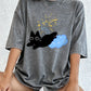 Black Kitten Stepping On Clouds Prints Washed T-Shirt Women Cotton Oversize Tops Summer Distressed O-Neck T Shirt Casual Clothes