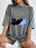 Black Kitten Stepping On Clouds Prints Washed T-Shirt Women Cotton Oversize Tops Summer Distressed O-Neck T Shirt Casual Clothes