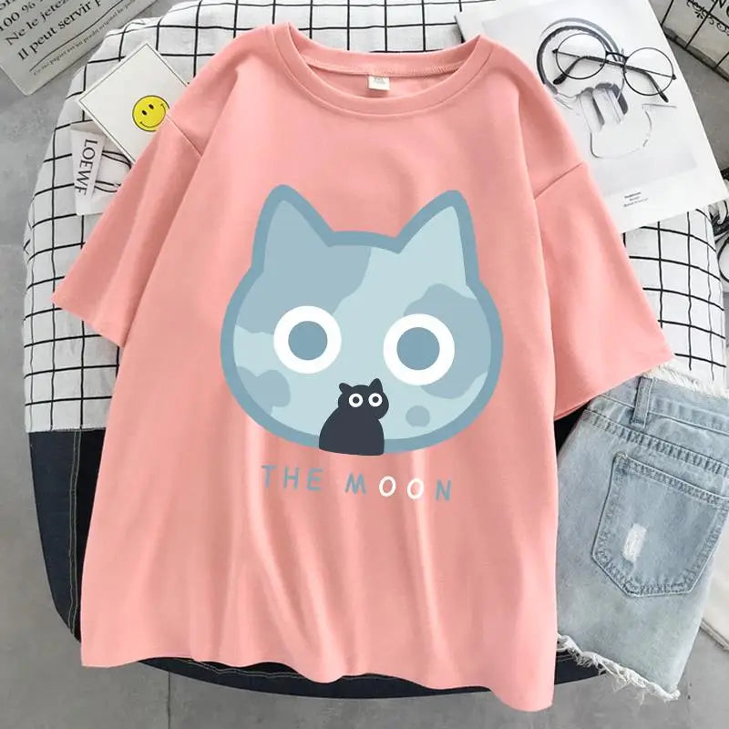 The Moon Cat Funny Print T-Shirt Women Street Summer Oversize Tops Fashion Hip Hop Tee Clothes Breathable Casual T Shirt New