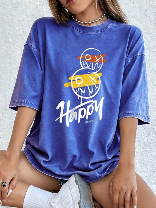 Happy Always Graffiti Letter Women's Cotton Washed T-Shirt