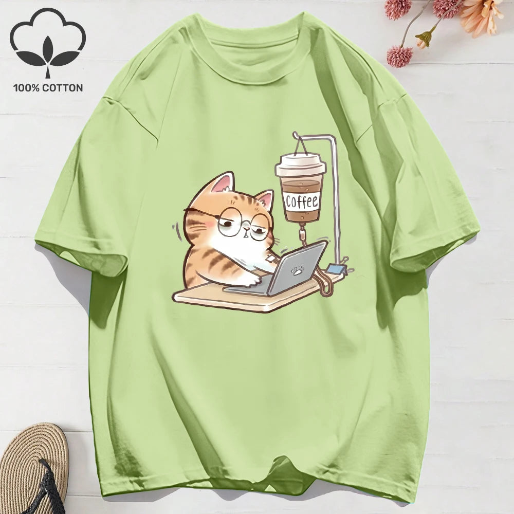 100% Cotton Womens T-Shirts Summer Work Cats That Cannot Do Without Coffee Prints T Shirt Soft Loose O-Neck Tops Basic Clothes