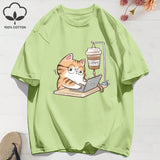 100% Cotton Womens T-Shirts Summer Work Cats That Cannot Do Without Coffee Prints T Shirt Soft Loose O-Neck Tops Basic Clothes