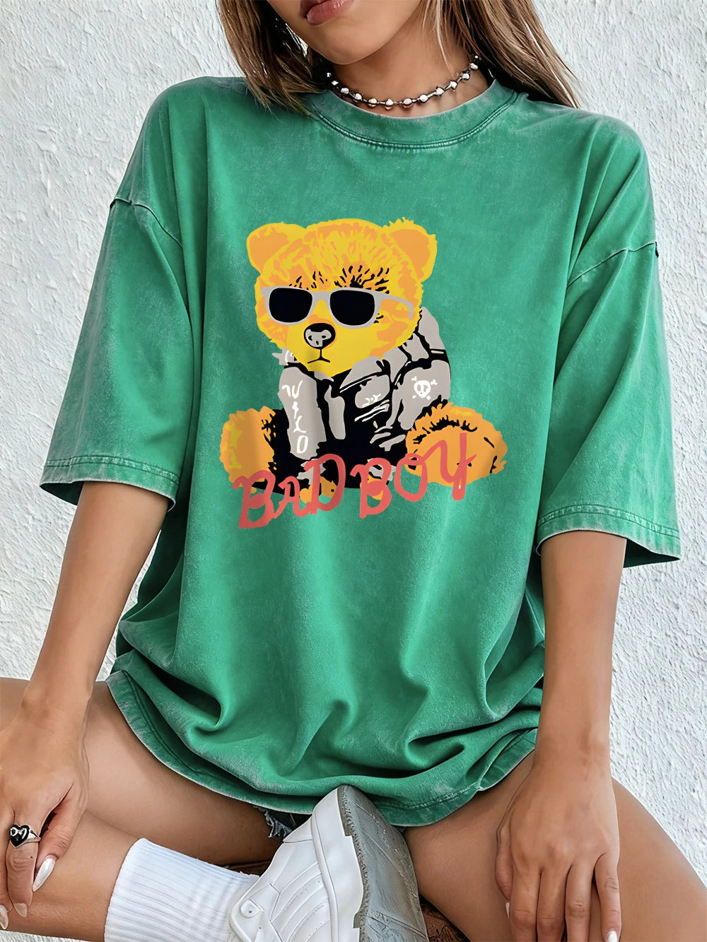 A Teddy Bear Wearing Glasses Washed T-Shirt Women Cotton Oversized Tops Comfortable Distressed O-Neck T Shirt Summer Clothes