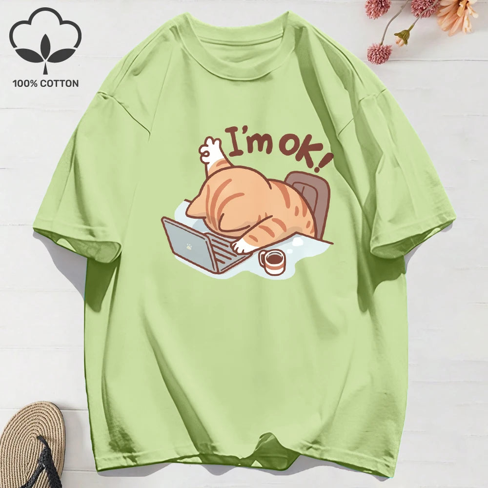100% Cotton Womens T-Shirts Summer Fun Cat I'M Ok Printing T Shirt Comfortable Soft O-Neck Tops Holiday Casual Womans Clothes