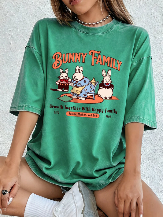 Bunny Family Growth Together Cotton Washed T-Shirts Womens