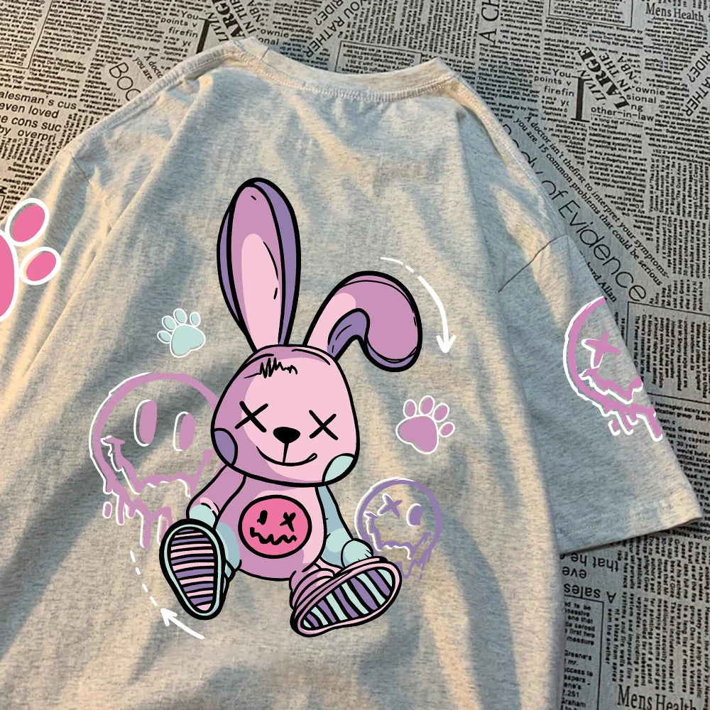 Novelty Fashion Cartoon Rabbit Pattern Print Women Short T-Shirt Summer Casual T Shirts Street Hip Hop Tops Breathable Soft Tees