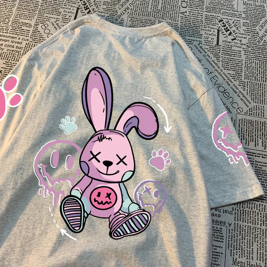 Novelty Fashion Cartoon Rabbit Pattern Print Women Short T-Shirt Summer Casual T Shirts Street Hip Hop Tops Breathable Soft Tees