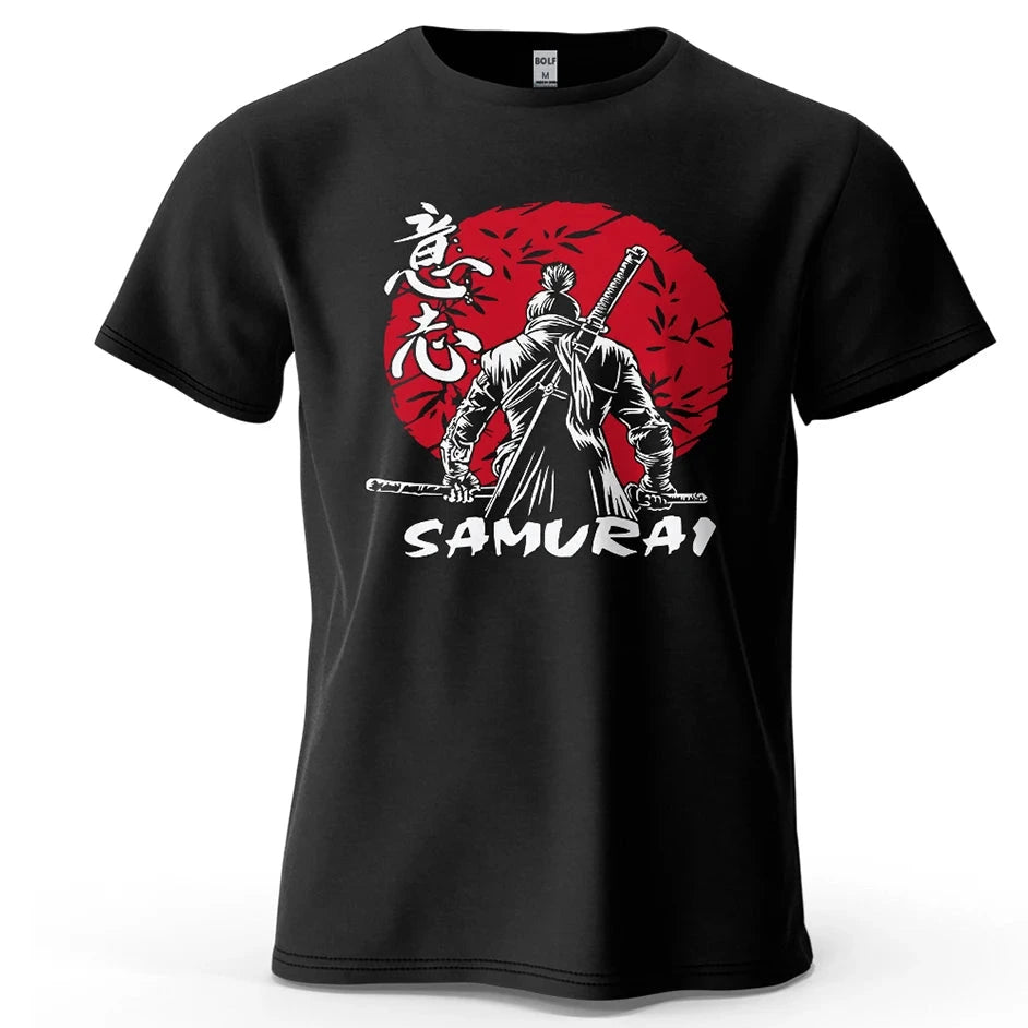 Black t-shirt with a Samurai design featuring a red circle and white text on a white background.