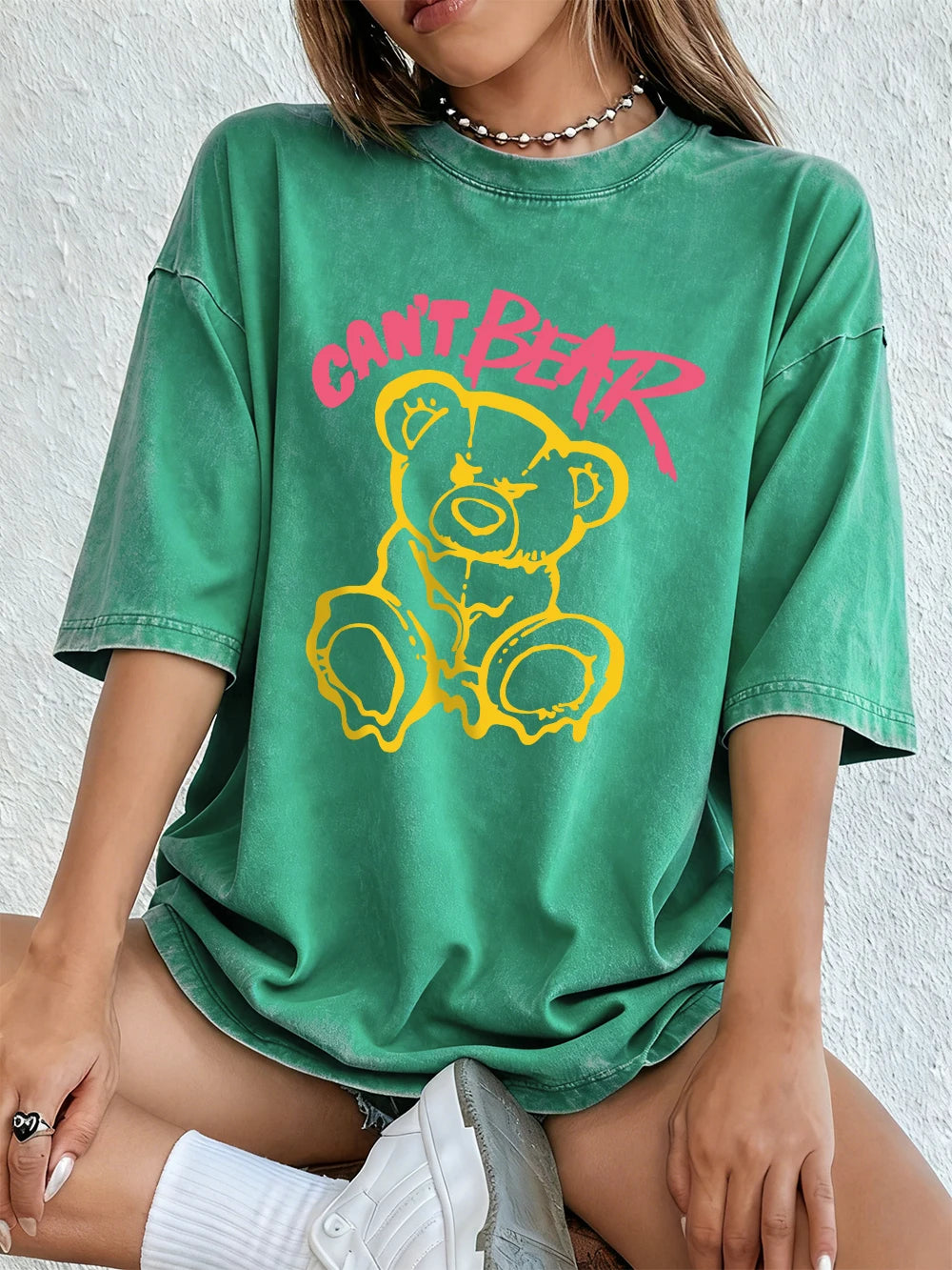 Can'T Bear Cartoons Printing Washed T-Shirts Womens Cotton