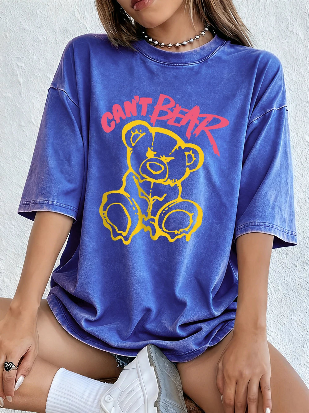 Can'T Bear Cartoons Printing Washed T-Shirts Womens Cotton