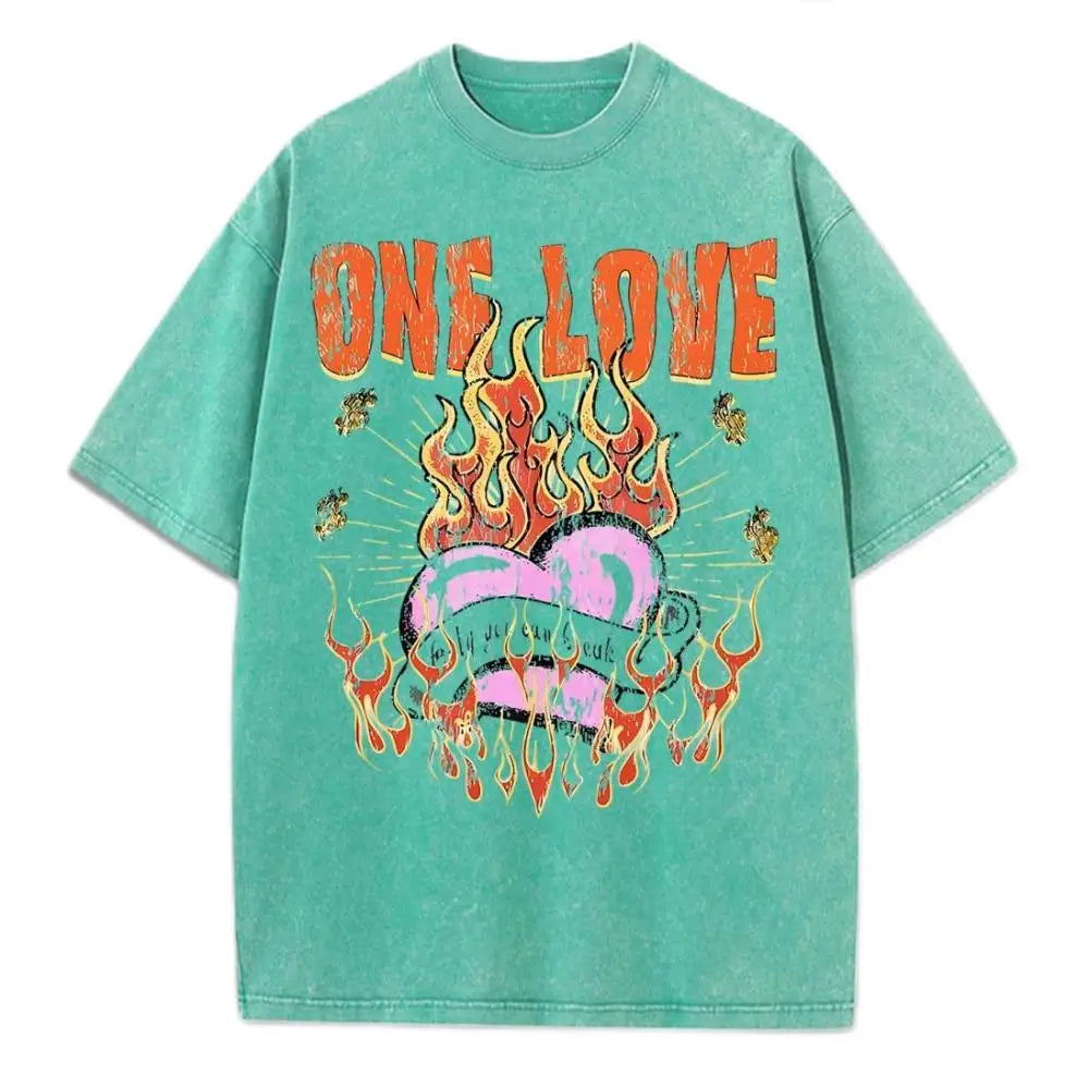 One Love Printing Washed T-Shirt Womens Hip Hop Cotton T Shirts Crewneck Oversized Acid Wash Tops Summer Casual Womans Clothes