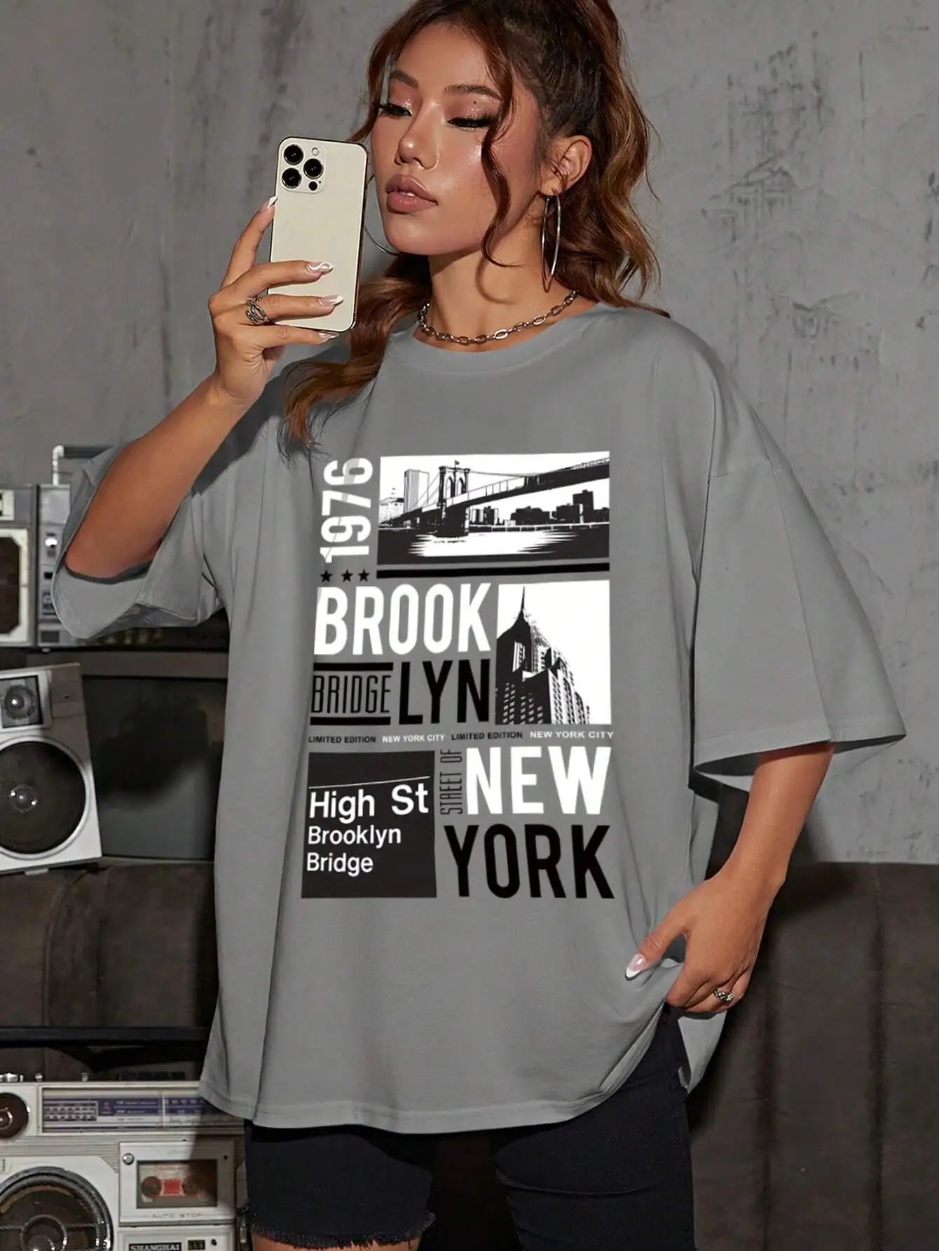 New York Brooklyn 1976 Printing Women T-Shirt Creativity Casual Tee Shirts Street Hip Hop Short Sleeve Basic All-Match Tshirts