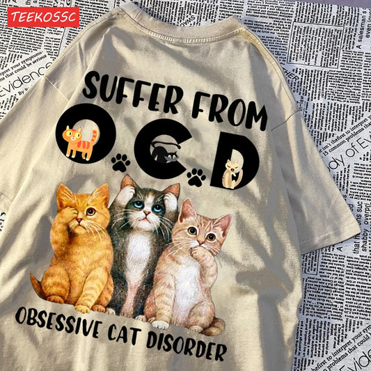 Cute Cartoon Cat Pattern Print Female Short Sleeve Cotton