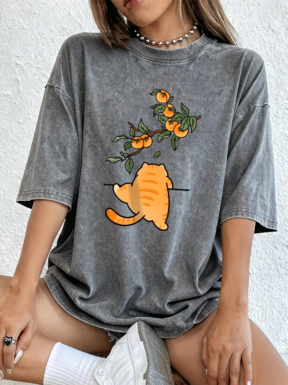 A Cat Climbing The Wall Cotton Washed T-Shirt Women Summer Oversized Tops Street Distressed O-Neck T Shirt Casual Woman Clothes