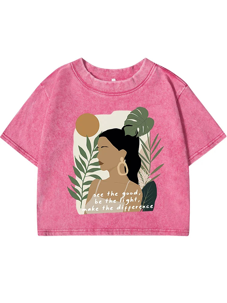 See The Good，Be Lightprinting Women Washed Shrot Clothes Casual Fashion Tshirts Street Retro Distress Tops Cool Summer T Shirts