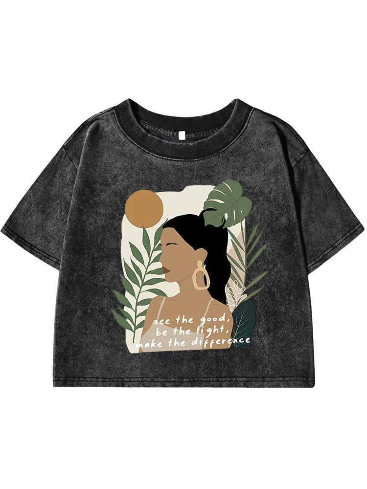 See The Good，Be Lightprinting Women Washed Shrot Clothes Casual Fashion Tshirts Street Retro Distress Tops Cool Summer T Shirts