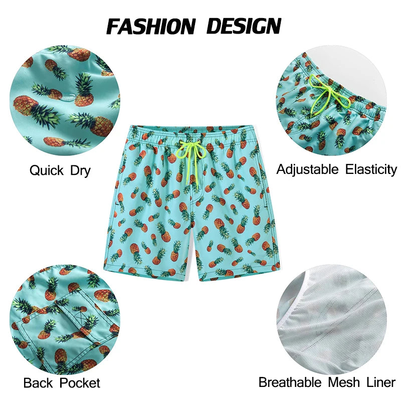 Pineapple Mens Shorts Beach Quick Dry Printing Swimsuit Mesh Liner