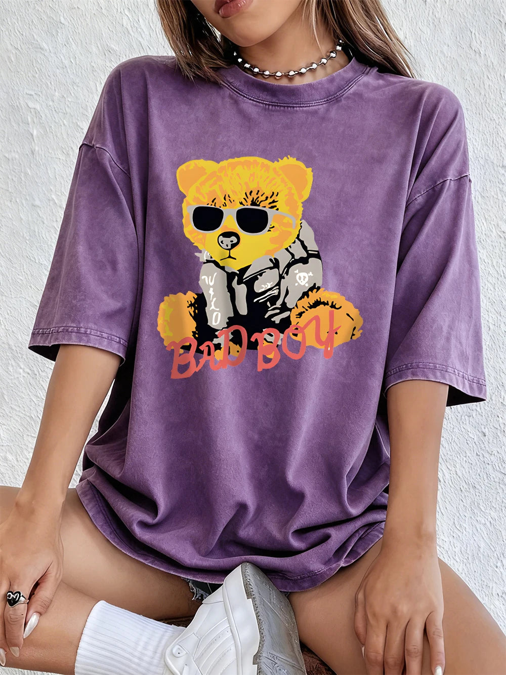 A Teddy Bear Wearing Glasses Washed T-Shirt Women Cotton Oversized Tops Comfortable Distressed O-Neck T Shirt Summer Clothes