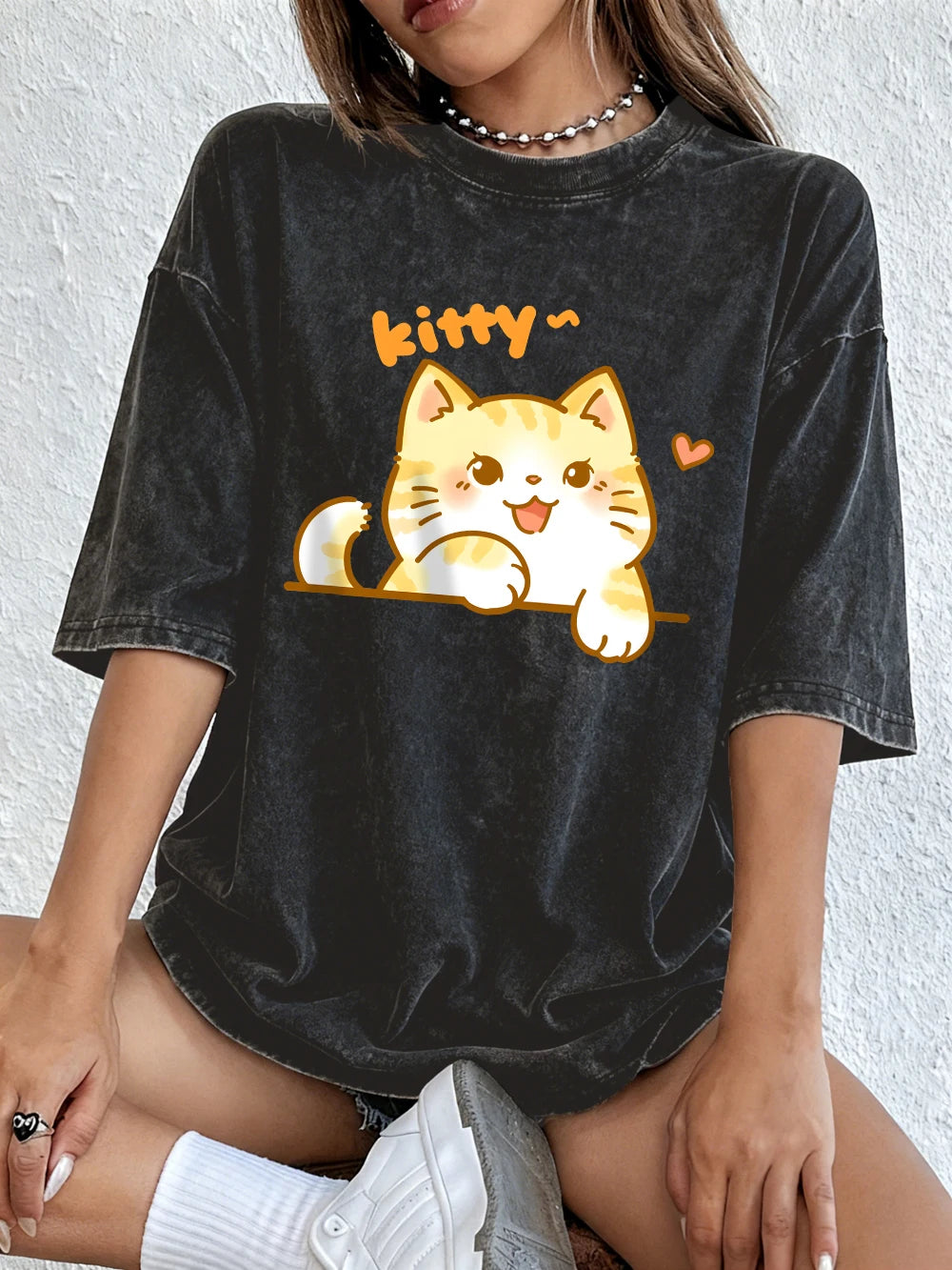 Kawaii Orange Cat Women's Cotton Washed T-Shirt Oversized