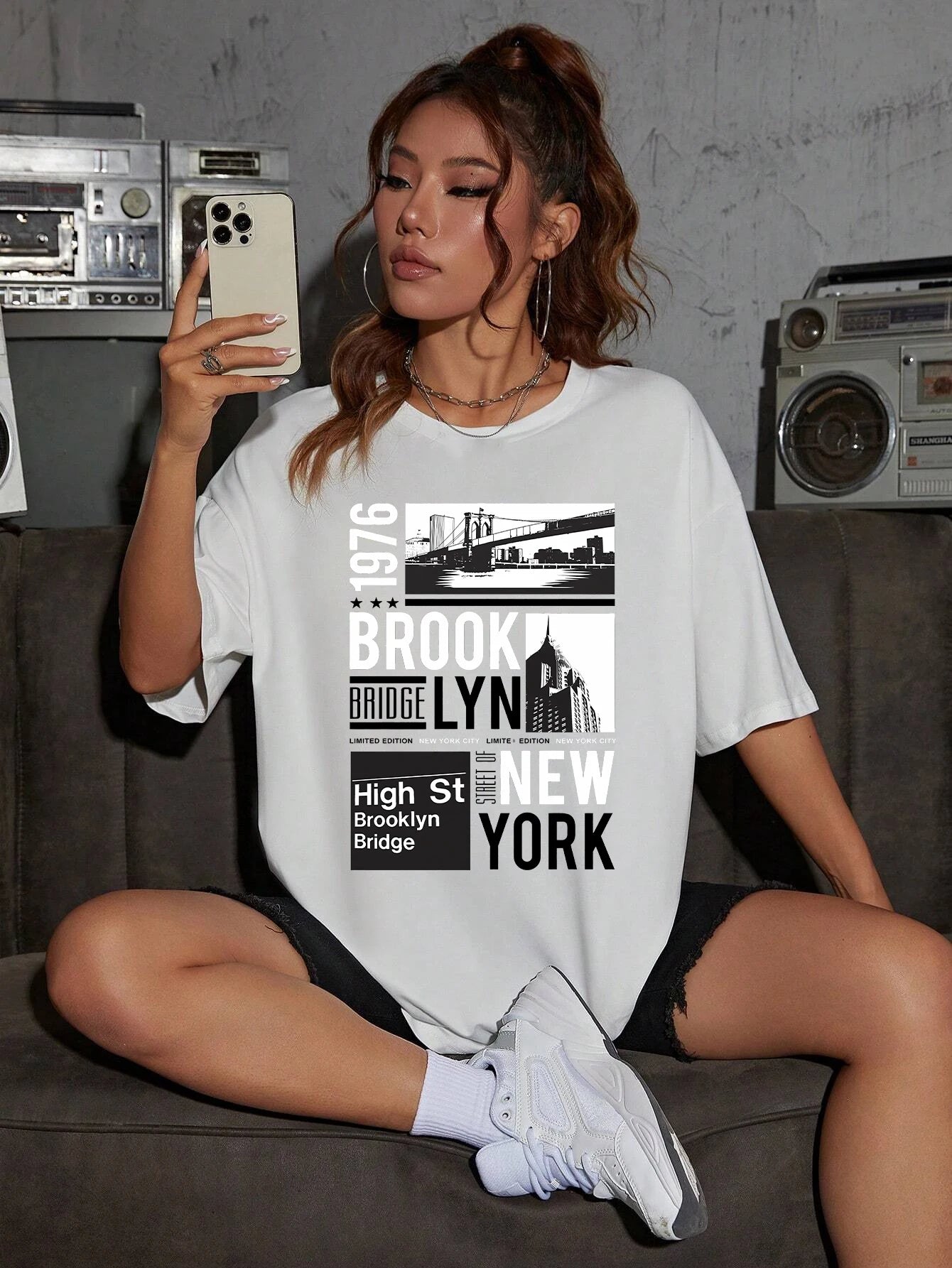 New York Brooklyn 1976 Printing Women T-Shirt Creativity Casual Tee Shirts Street Hip Hop Short Sleeve Basic All-Match Tshirts