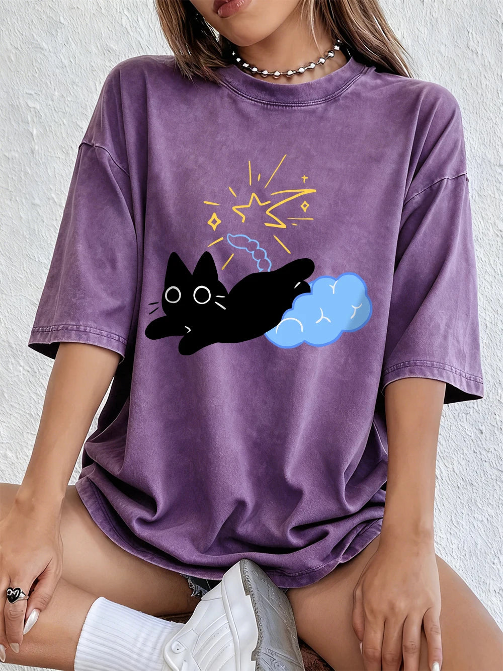 Black Kitten Stepping On Clouds Prints Washed T-Shirt Women Cotton Oversize Tops Summer Distressed O-Neck T Shirt Casual Clothes