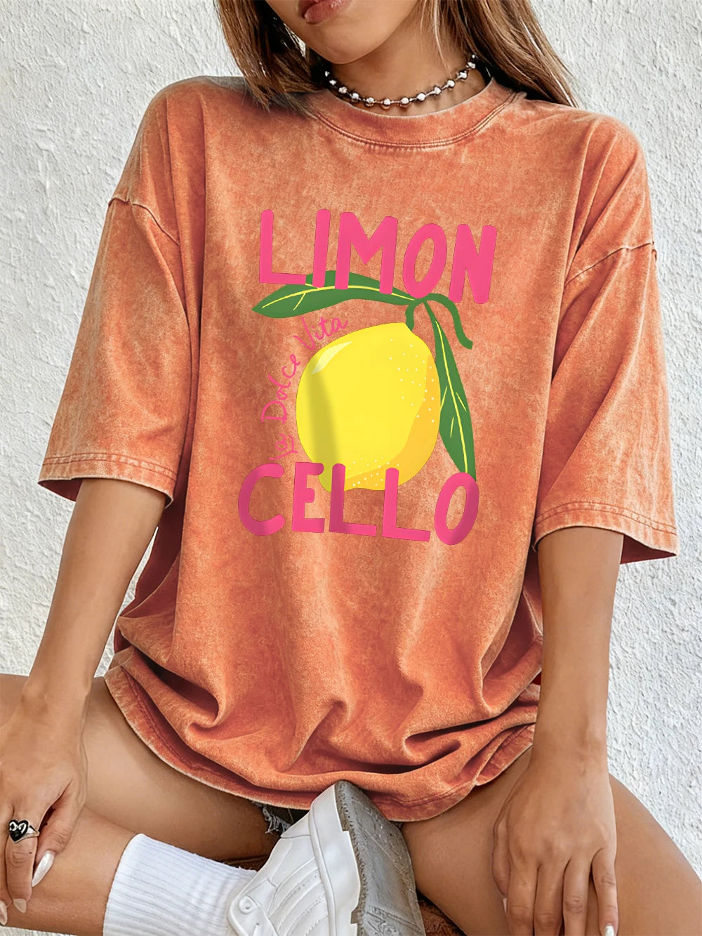 Limon Cello La Dolce Vita Prints Washed T-Shirt Women Cotton Oversize