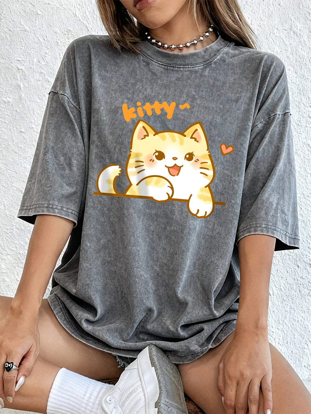 Kawaii Orange Cat Women's Cotton Washed T-Shirt Oversized