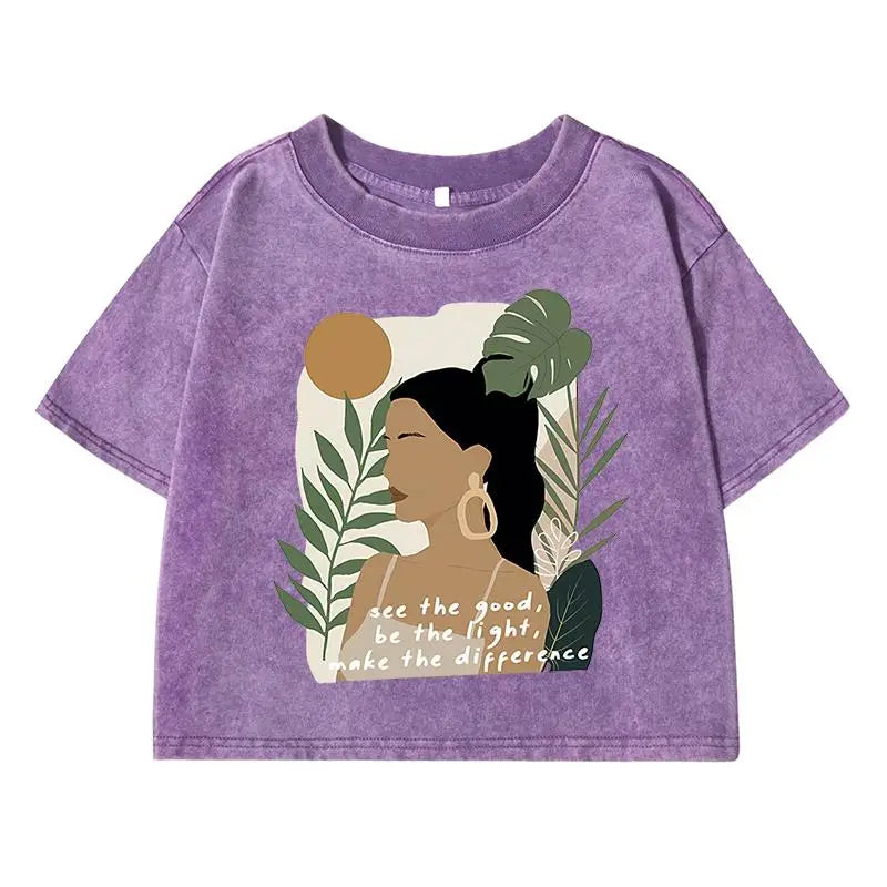 See The Good，Be Lightprinting Women Washed Shrot Clothes Casual Fashion Tshirts Street Retro Distress Tops Cool Summer T Shirts