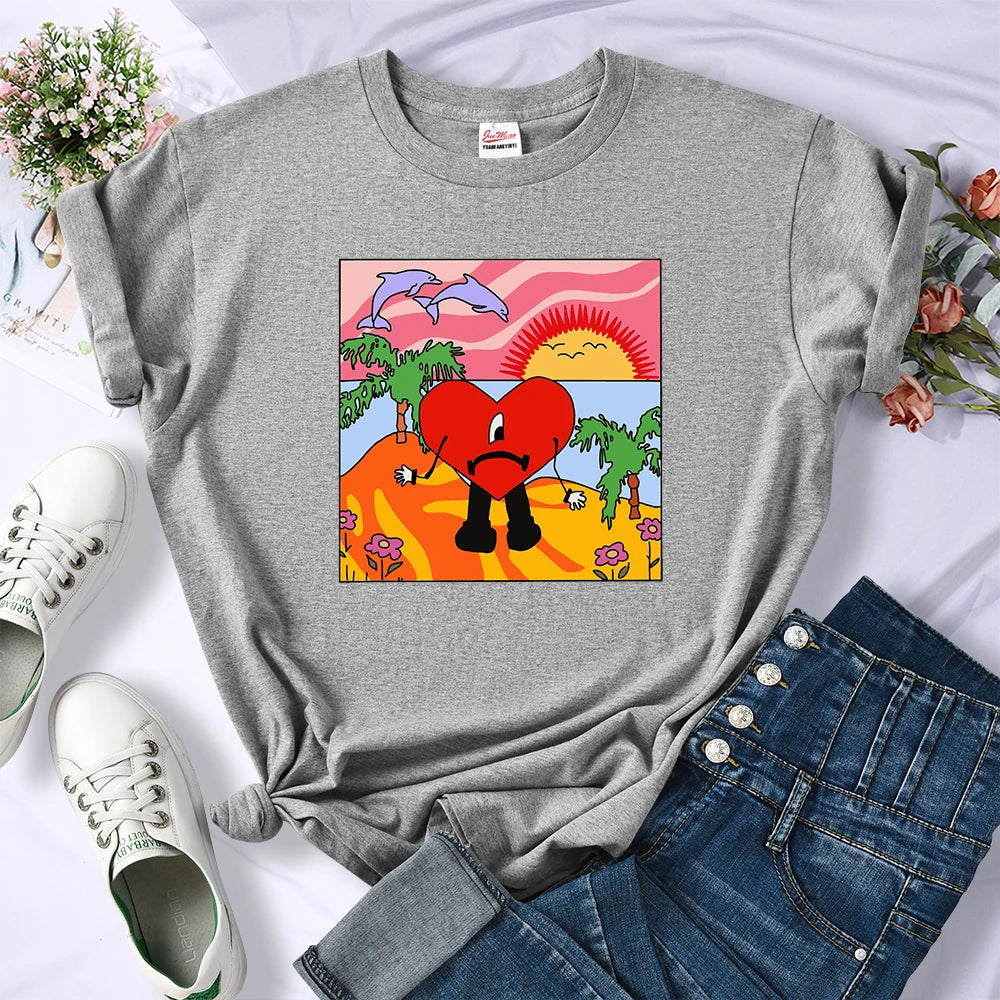 Bad Bunny Sad Love Heart Beach Sun Dolphin Palm Tree Tee Shirt New Loose T-shirts Hip Hop Street Tops Multicolor Womens Clothing