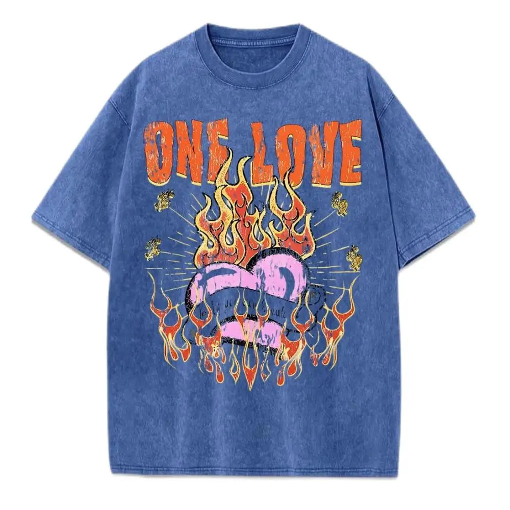 One Love Printing Washed T-Shirt Womens Hip Hop Cotton T Shirts Crewneck Oversized Acid Wash Tops Summer Casual Womans Clothes