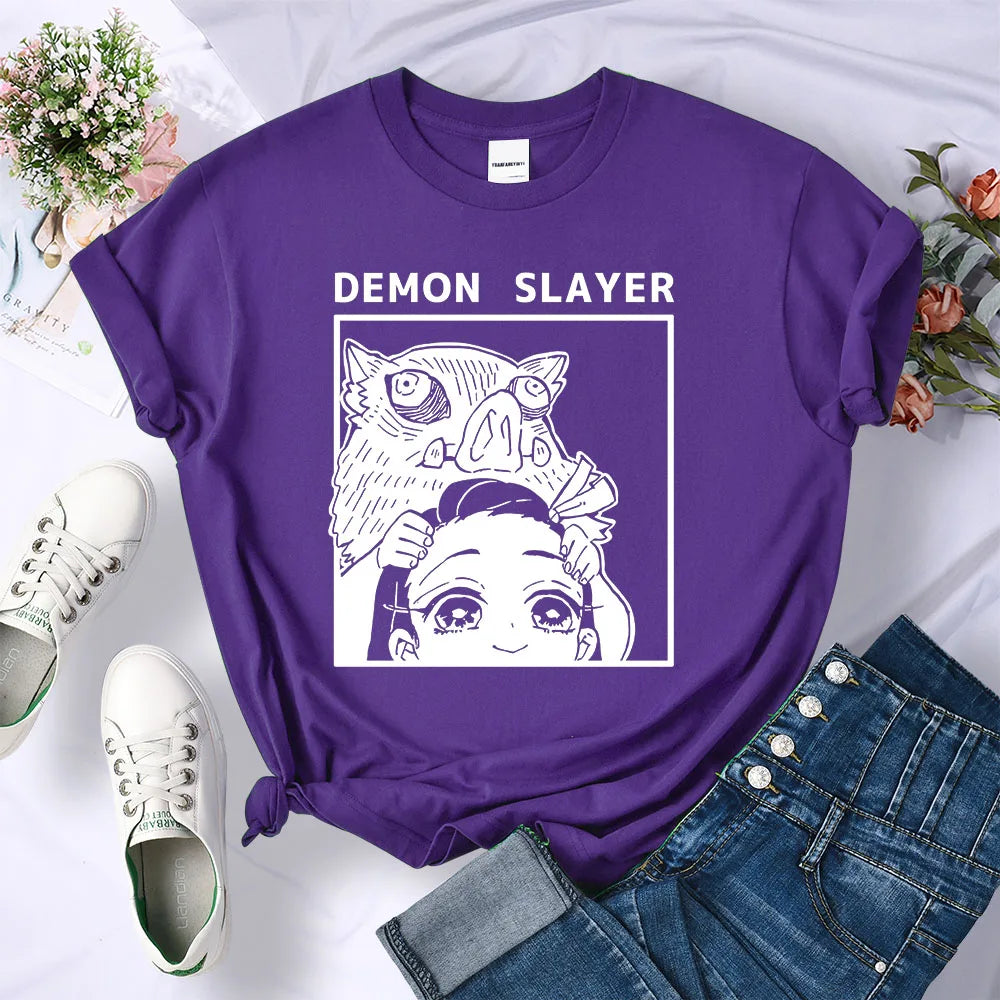 Demon Slayer Kamado Nezuko And Hashibira Inosuke T-Shirts Women Loose New Clothes Harajuku Street Tee Personality O-Neck T Shirt