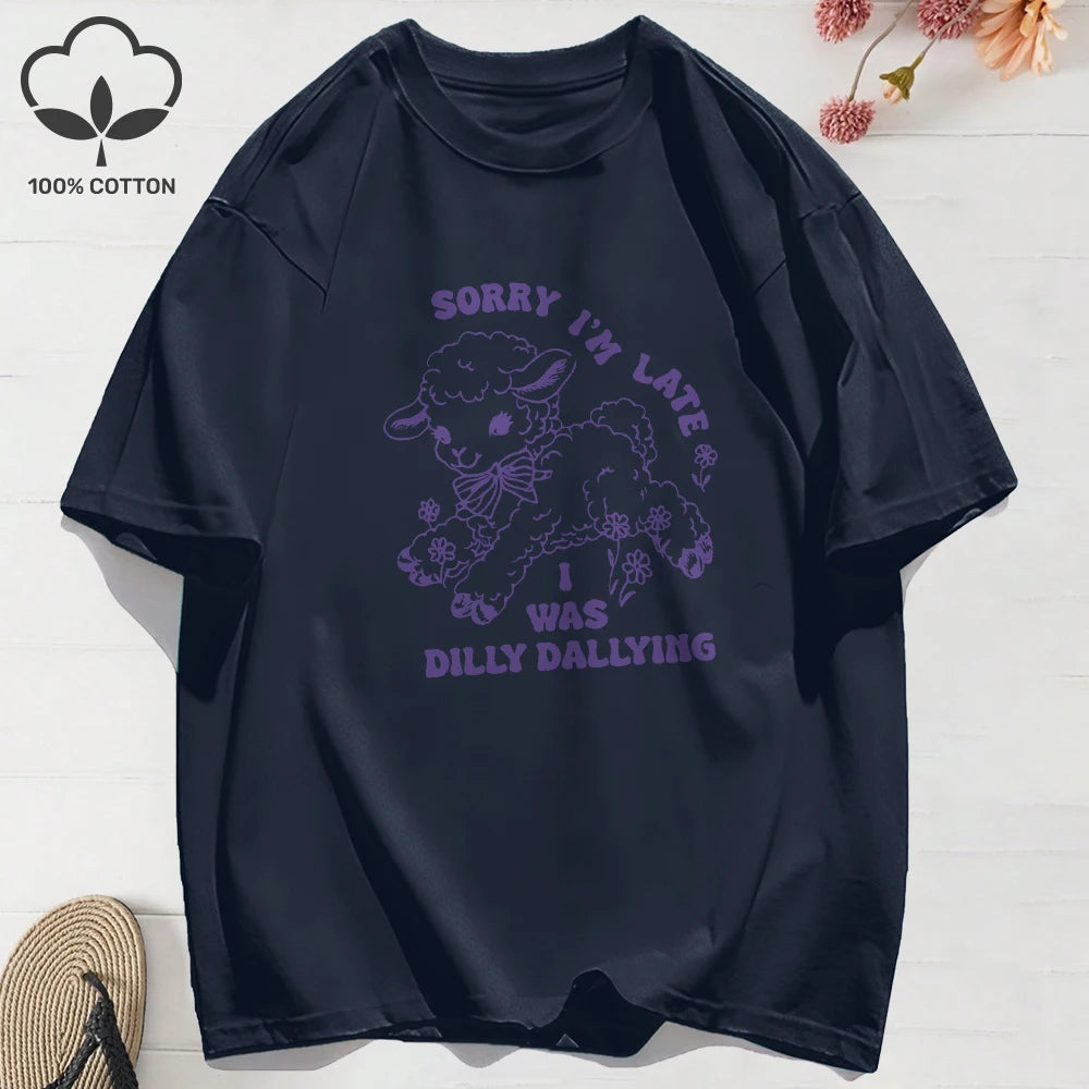 Summer T-Shirts Cotton Women I Was Dilly Dallying Funny Sheep Prints T Shirt Comfortable Loose O-Neck Tops Casual Womans Clothes