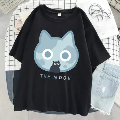 The Moon Cat Funny Print T-Shirt Women Street Summer Oversize Tops Fashion Hip Hop Tee Clothes Breathable Casual T Shirt New