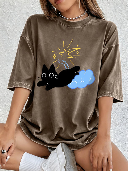 Black Kitten Stepping On Clouds Prints Washed T-Shirt Women Cotton Oversize Tops Summer Distressed O-Neck T Shirt Casual Clothes