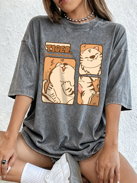 Tiger Are Fierce Animals Cotton Washed T-Shirts Womens Summer Casual Oversized Tops O-Neck Comfortable Distressed Streetwear