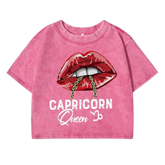 Capricorn Funny Printing Female Washed Short T Shirts Hip Hop Breathable T-Shirt Street Summer Clothes Fashion Distress Tshirts
