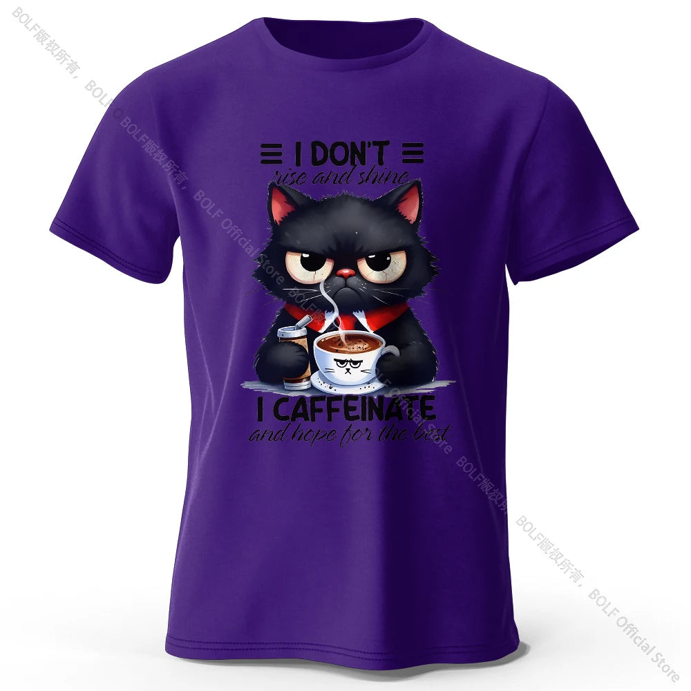 Coffee Loving Cat Print 100% Cotton T-Shirt