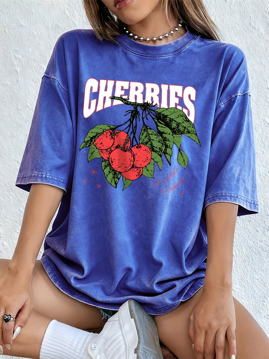Cherries Lore Joy Peach For Bearance Cotton Washed T-Shirts Women Summer Oversized Streetwear O-Neck Comfortable Distressed Tops