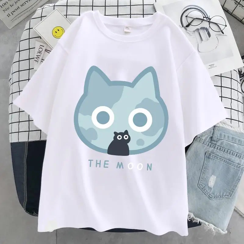 The Moon Cat Funny Print T-Shirt Women Street Summer Oversize Tops Fashion Hip Hop Tee Clothes Breathable Casual T Shirt New
