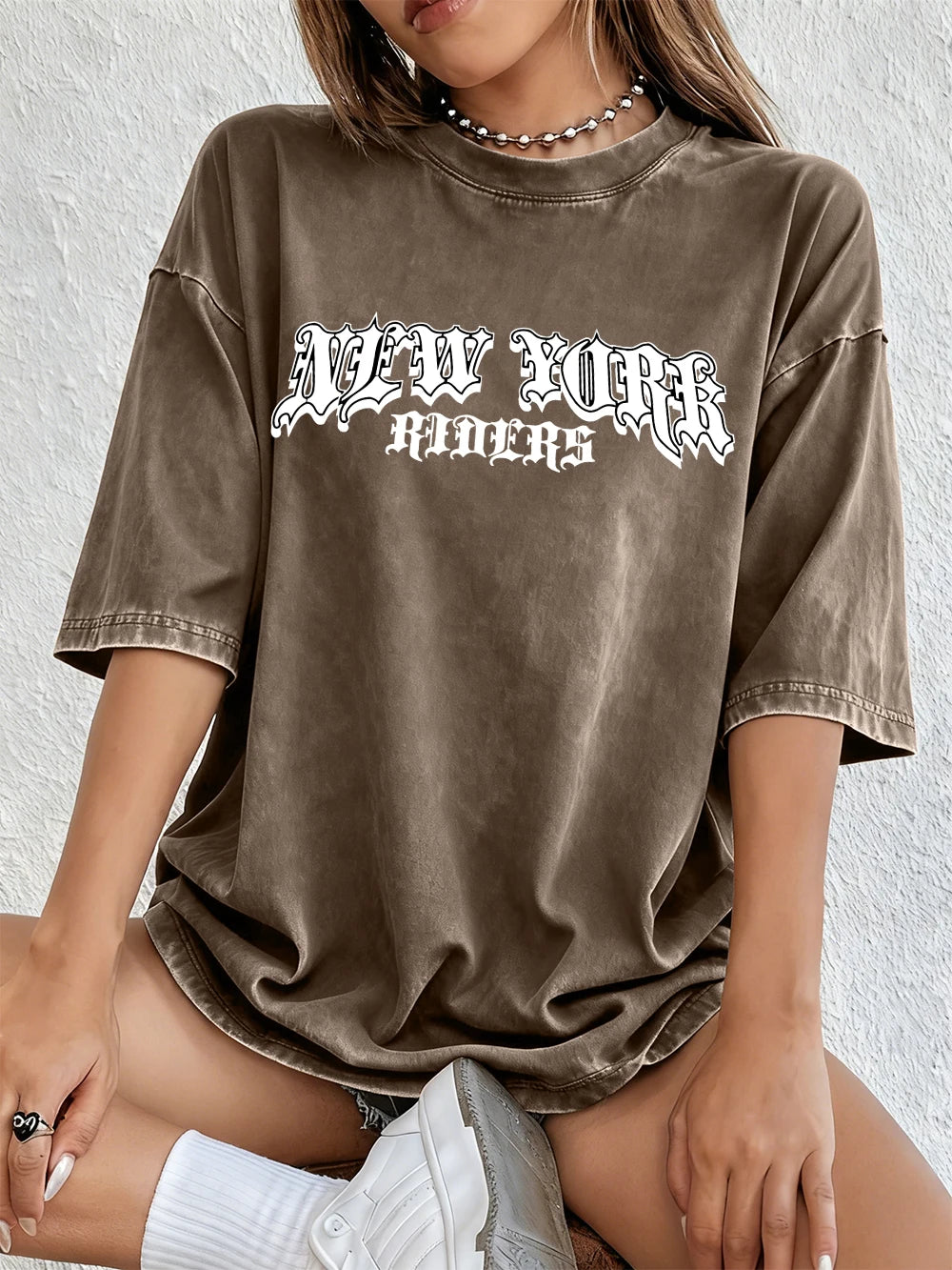 New York City Letter Printed Women's Cotton Washed T-Shirt Oversized