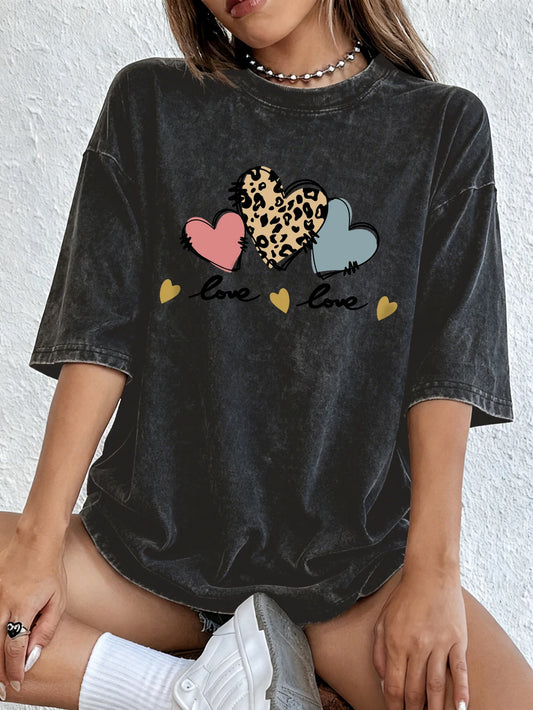 Red Leopard Print Blue Heart Women's Oversized Cotton Washed T-Shirt