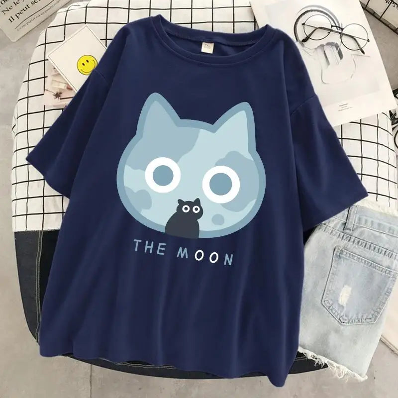 The Moon Cat Funny Print T-Shirt Women Street Summer Oversize Tops Fashion Hip Hop Tee Clothes Breathable Casual T Shirt New