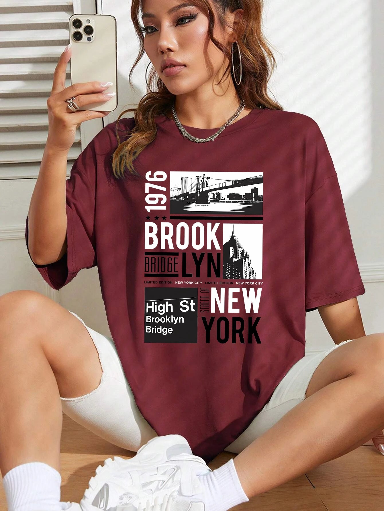 New York Brooklyn 1976 Printing Women T-Shirt Creativity Casual Tee Shirts Street Hip Hop Short Sleeve Basic All-Match Tshirts