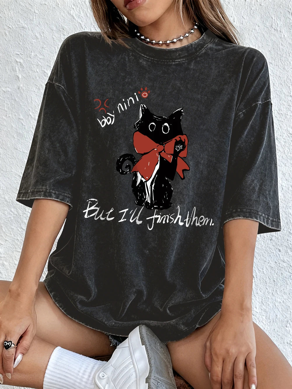 I'll Finish Them Black Cat Women's Cotton Washed T-Shirt Oversized