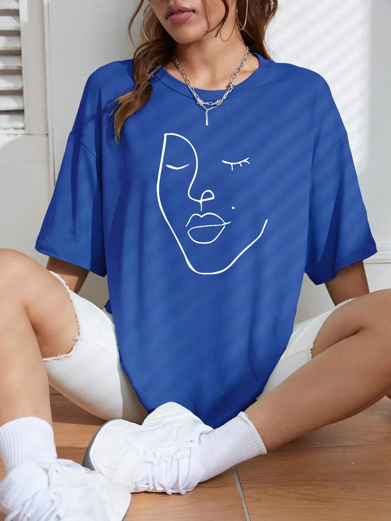 Simple Line Pattern Women's Face Printing tees Cotton Women T-Shirts Casual Soft Short Sleeve Tops Loose Comfortable Clothes